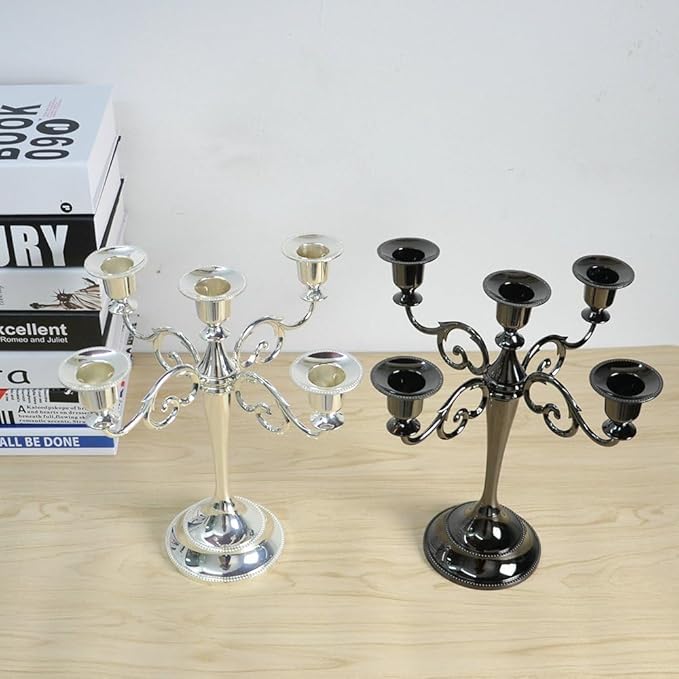 Black Candelabra Candle Holders for Pillar Candles 10.6 inch Tall, 5 Candle Candlestick Holder for 1/2-1 inch Taper Candles Halloween Candelabra Decoration Easy Assembly (Black)