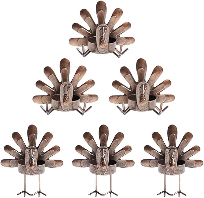 MorTime Turkey Candle Holder Set, Bronze Finished Metal Candleholders, Turkey Tealight Holders for Table Christmas Home Decoration, 6 Pack