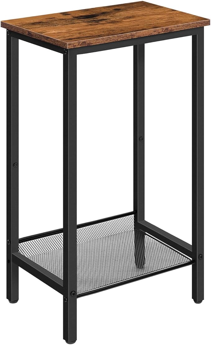 HOOBRO Tall Side Table, Industrial End Telephone Table with Adjustable Mesh Shelves, for Living Room, Bedroom, Entryway, Office, Rustic Brown and Black BF03DH01