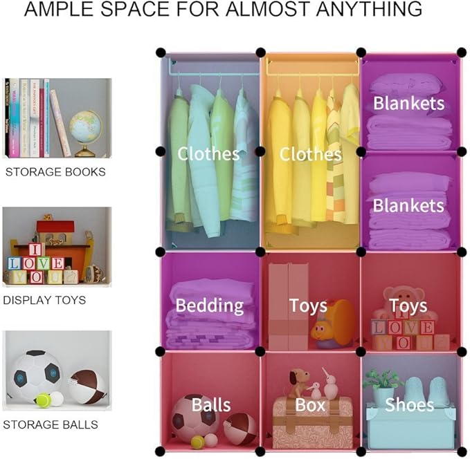 MAGINELS Children Wardrobe Closet,Baby Girl and Kids Closet with Door, Cute Protable Cube Storage Clothes,Dresser for Bedroom,Pink,8 Cube(14x14inch)