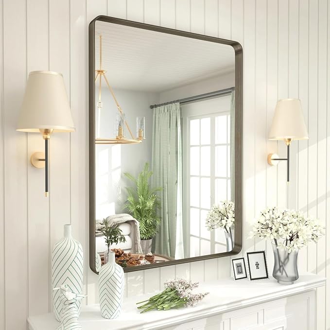 26x36 Inch Bronze Framed Mirror, Brushed Bronze Metal Bathroom Vanity Mirror for Wall, Modern Rectangle Mirror, Rounded Corner, Anti-Rust (Horizontal/Vertical)