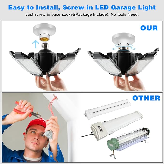 LED Garage Light - 160W LED Garage Ceiling Lights 16000LM Super Bright Garage Lighting with 6 Deformable Panels E26/E27 Screw in Led Shop Lights for Basement Workshop Warehouse Attic