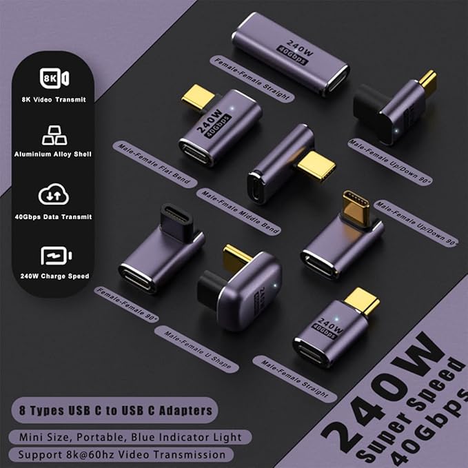 8 Pack USB C Adapter 240W 40Gbps 8K 60Hz, 90 Degree Right Angle, Straight, U Shape, Female to Male, Female to Female USB C Extender for Steam Deck, ROG Ally, Meta Quest, iPad, MacBook, Smart Phone