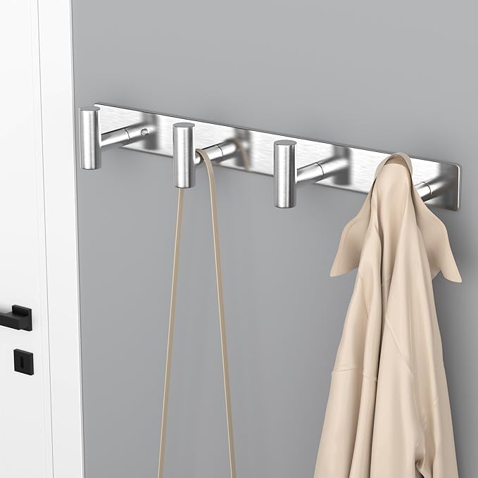 VAEHOLD 1PACK Hat and Coat Wall Mount Rack - 4 Hooks for Robes, Bags, Keys, and Towels - Bathroom Towel Hanger Organizer -Silvery