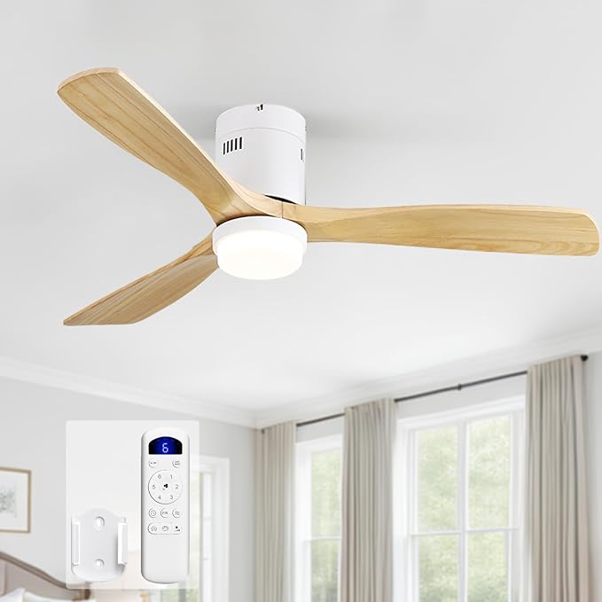 Sofucor 52 Inch Ceiling Fans with Lights, Solid Wood Ceiling Fan with Light Remote Control, Flush Mount Indoor/Outdoor Ceiling Fans, Reversible DC Motor, 3 Blade Ceiling Fan Light for Bedroom Patio