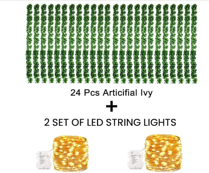 KASZOO 24Pack / Each 82 inch, Artificial Ivy Garland Fake Plants with 160 LED String Light, Green for Wedding Party Garden Outdoor Greenery Wall Decoration