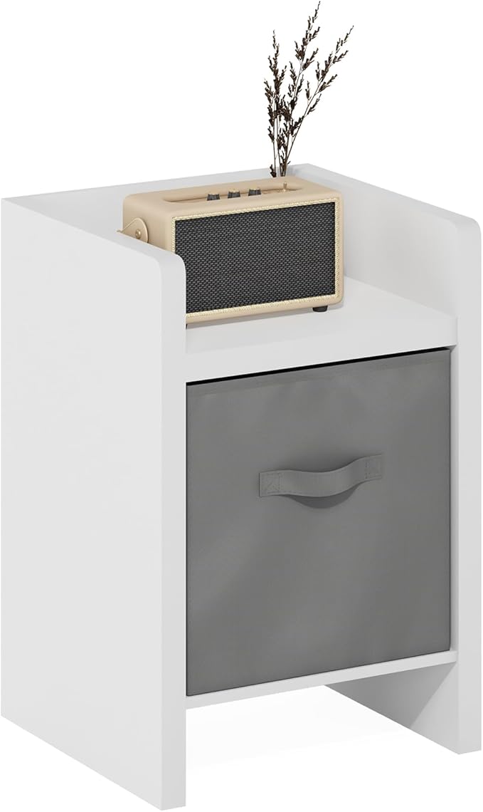 Furinno Viola Side Table, Thick Frame End Table with Storage Bin, Night Stand, Bedside Table, for Living Room, Bedroom, White/Light Grey