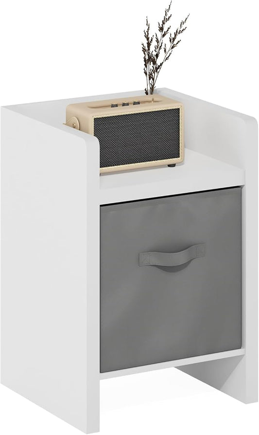 Furinno Viola Side Table, Thick Frame End Table with Storage Bin, Night Stand, Bedside Table, for Living Room, Bedroom, White/Light Grey