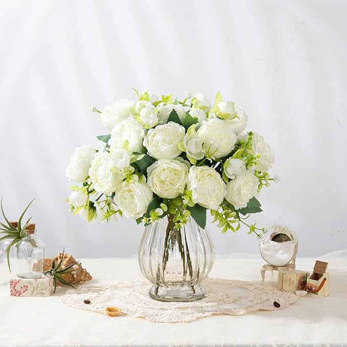 Artificial Peonies Silk Flowers in Glass Vase Faux Flowers Bouquets Modern Penoy Arrangement 4 Pack for Home Decoration Table Centerpiece (White)