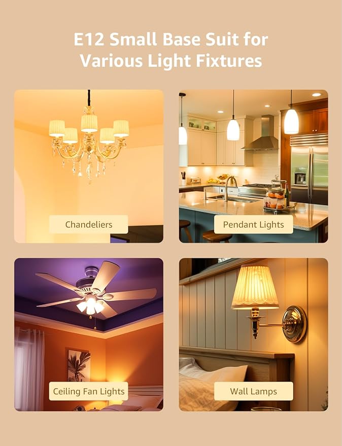 Lepro Led Chandelier Bulbs 60w Equivalent,E12 Dimmable Candelabra Bulbs for Ceiling Fan and Chandelier, 500lm 2700k Soft White Filament Bulbs,Type B Base, Ultra Energy Saving, Long Lifespan, 6-Pack