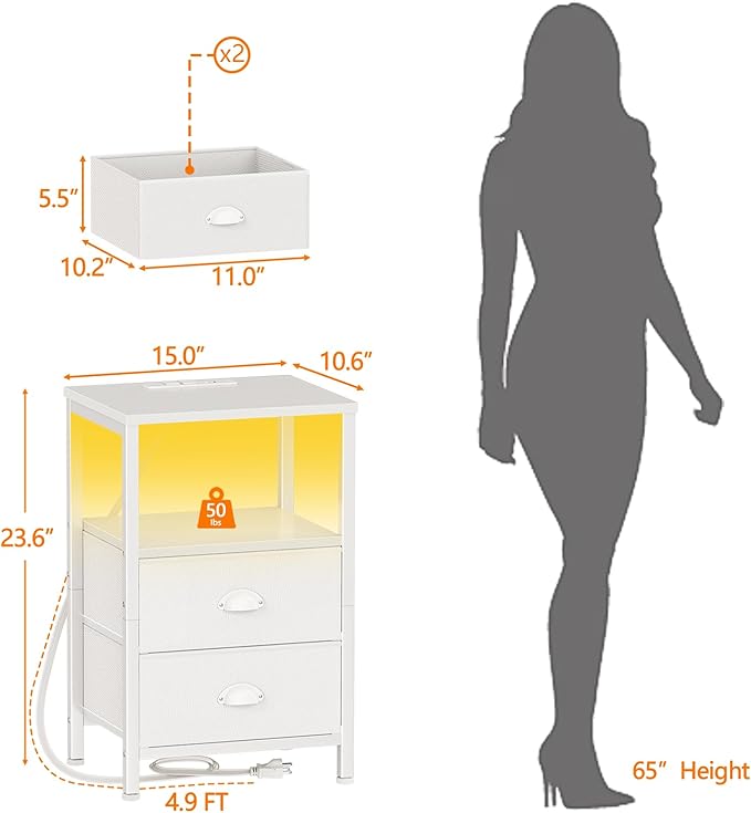 Furologee LED Night Stand with Charging Station, White Nightstand with Fabric Drawers, Bedside Table with Storage Shelf, End Table for Living Room/Bedroom/Dorm