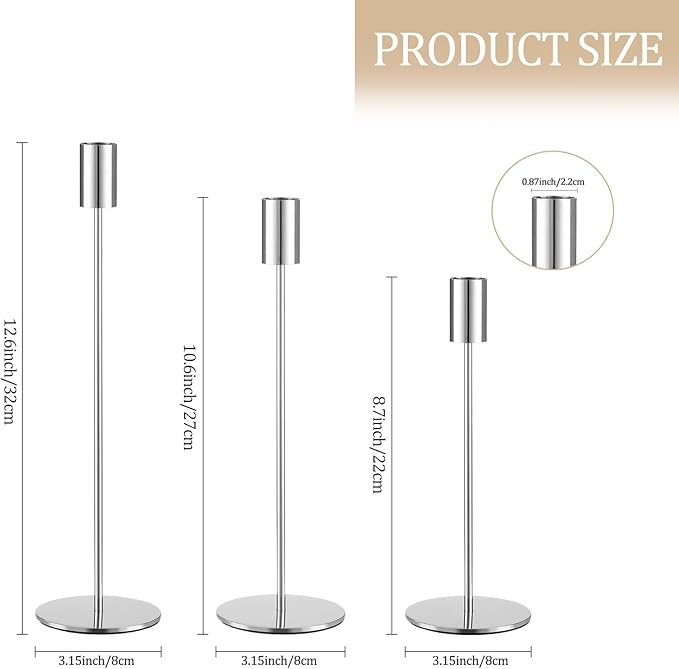 Set of 3 Silver Taper Candle Holders, Metal Gold Candlestick Holders, Tall Candle Holder, Fits 3/4 inch Thick Candle&Led Candles, for Table Centerpiece, Wedding, Dinning, Party Home Decor