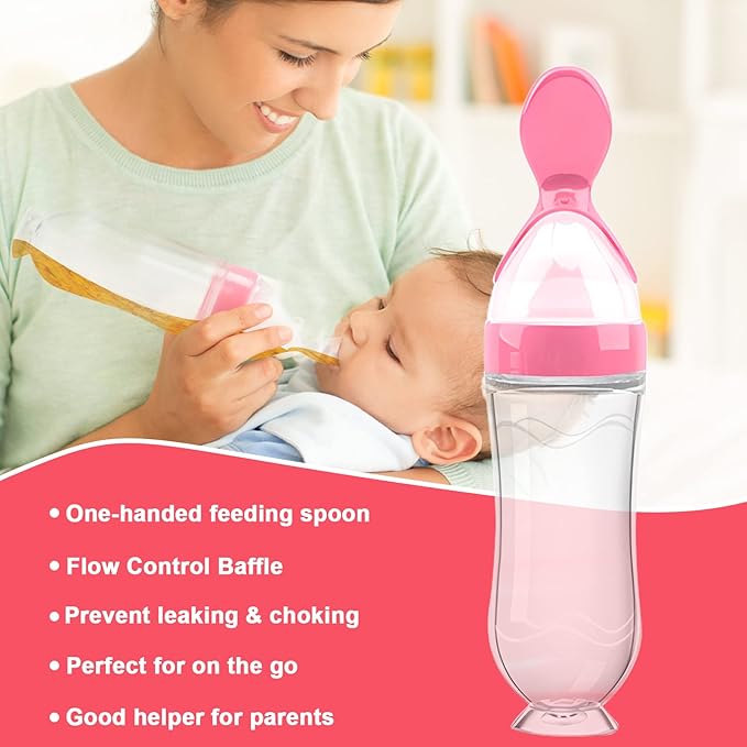 Food Feeder Baby Fruit Feeder Pacifier (3 Pcs) with 6 Different Sized Silicone Pacifiers,Silicone Baby Food Dispensing Spoon 90ML with 2 Babies Spoons Pacifier Clip Infant Fruit Teething Feeders-Pink