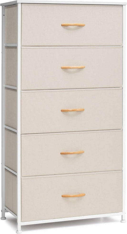 Crestlive Products Vertical Dresser Storage Tower - Sturdy Steel Frame, Wood Top, Easy Pull Fabric Bins - Wide Organizer Unit for Bedroom, Hallway, Entryway, Closets - 5 Drawers(Beige)