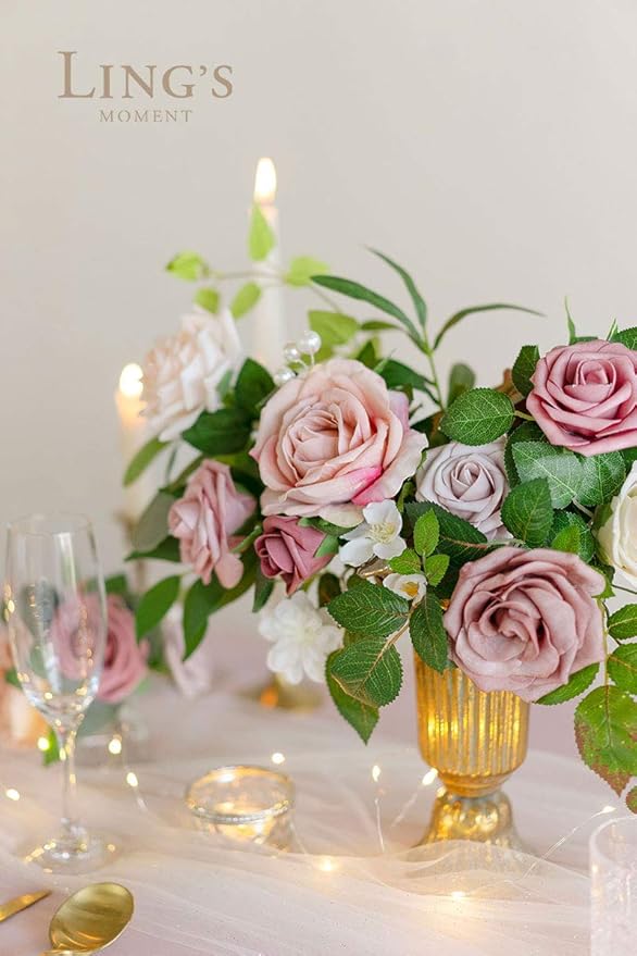 Ling's moment Artificial Flowers Fake Silk Roses Faux Foam Flower Combo for DIY Wedding Bouquets Centerpieces Arrangements Bridal Shower Party Home Decorations, Dusty Rose & Cinnamon Rose, 26pcs