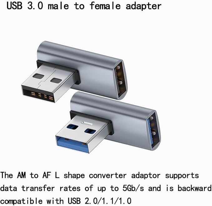 2-Pack, Super Speed USB 3.0 Vertical Left Angle and Right Angle Adapter USB 3.0 Male to Female 90 Degrees dapter Coupler, USB Cable Extender Connector