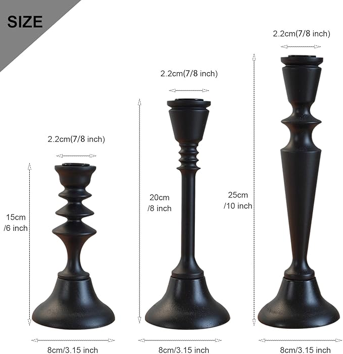 Candlestick Holders Black Candle Holder Set in 3 Designs-Taper Candle Holders Set of 3 for Candlesticks,Modern Wood Candle Stick Candle Holders for Decor