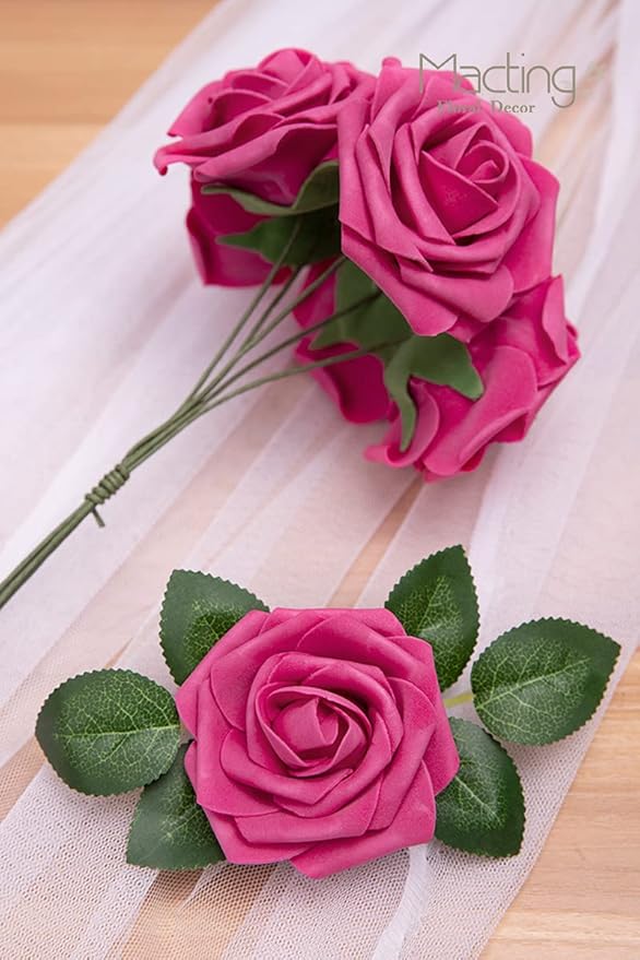 MACTING 30PCS Artificial Flower Roses, Real Touch Fake Flowers with Stems, Foam Roses for Wedding Bouquet Party Centerpieces Baby Shower Home Decorations (Hot Pink)
