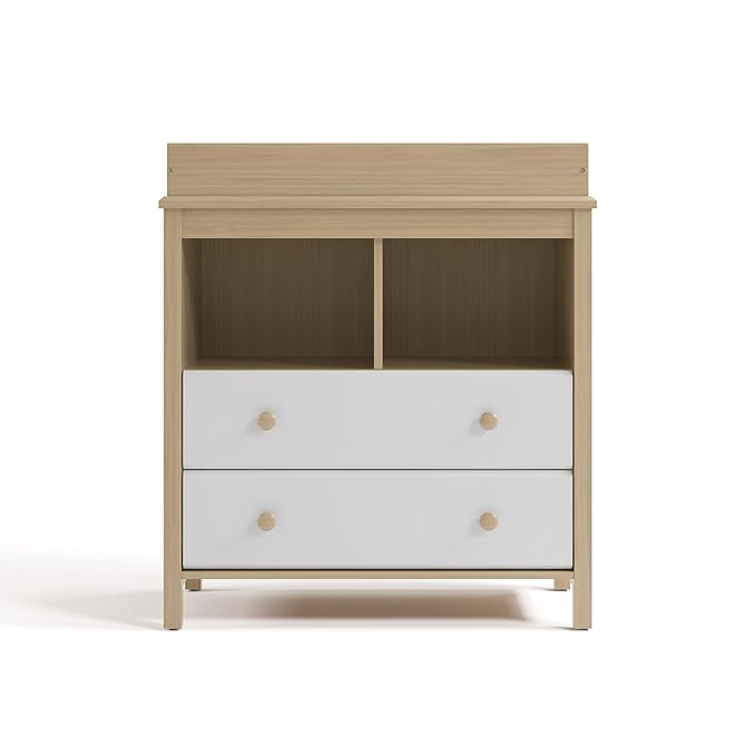 Storkcraft Alpine Nursery Changing Table Dresser Combo (White with Driftwood) – GREENGUARD Gold Certified, Dresser for Nursery, Changing Table with Drawers, Removable Changing Table Topper