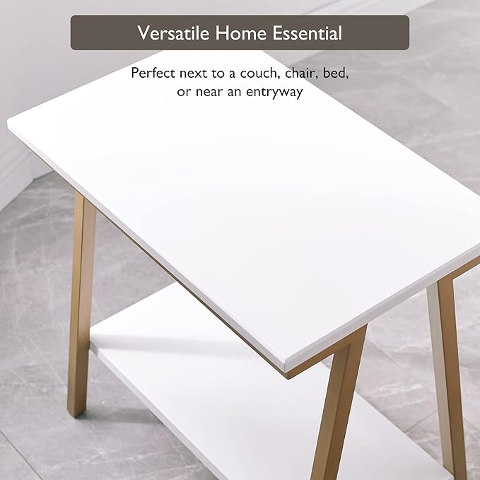 Leick Home 214312 Empiria Narrow Side Table with Shelf and Metal Frame, Wood End Table for Living Room Bedroom, White