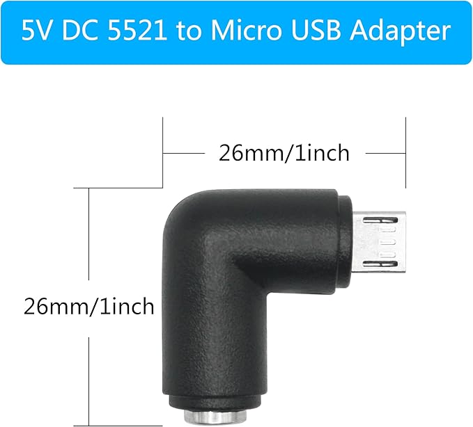 4Pcs DC 5.5mm x 2.1mm to Micro USB Adapter, 90 Degree Right Angle DC 5521 Female to Micro USB Male Plug Convert Connector 5V Power Supply Adapter