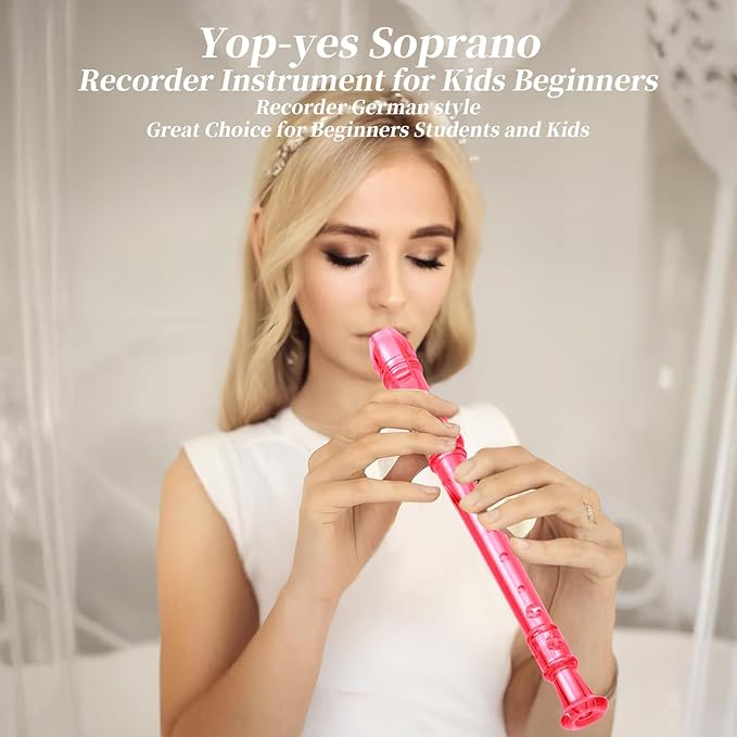 Soprano Recorder Instrument for Kids Beginners Student German Fingering C Key Recorder Instrument 3 Piece with Cleaning Rod and Bag Fingering Chart(Crystal Pink)
