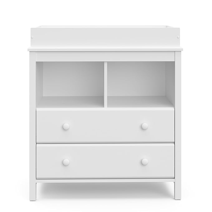 Storkcraft Alpine 2 Drawer Changing Table Chest (White) - Attached Changing Table Topper Fits Any Standard-Size Baby Changing Pad, 2 Drawers, 2 Shelves for Extra Nursery Storage, Easy to Assemble