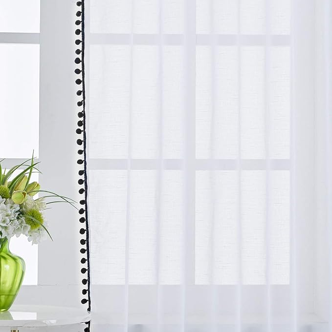 Treatmentex Sheer White Curtains with Black Pom Pom Curtains 84" Long Linen Textured Look Decorative Window Drapes Navy 52" w 1Pair