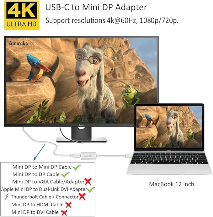 USB-C to Mini DisplayPort Adapter, USB 3.1 Type C to Mini DP Adapter Support 4K, 1080P Compatible with MacBook Pro, MacBook 12", Alienware, to LED Cinema Display/Dell Monitor etc, Silver