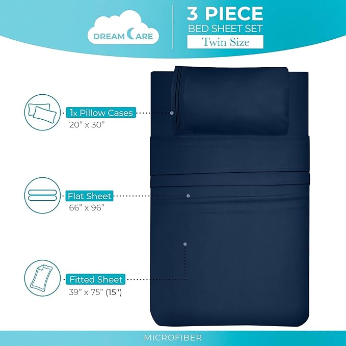 DREAMCARE Twin XL Sheet Sets – 3pcs Cooling Sheets – up to 15” Deep Pocket Twin XL Sheets Set – Hotel Luxury Sheets & Pillowcases – Superior Softness 100% Fine Microfiber with Side Pocket – Navy Blue