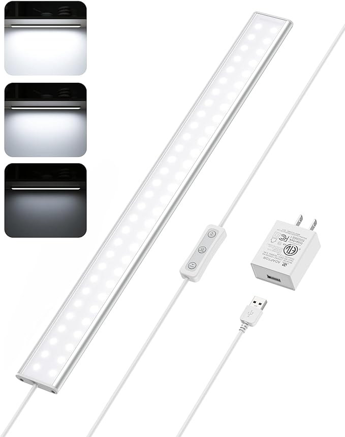 ASOKO Under Cabinet Light, Upgrade 16inch LED Closet Light with Dimmable 6000K Cool White and Memory Function, Plug-in Under Counter Lights for Kitchen/Desk/Shelf/Workbench/Display Case/Room