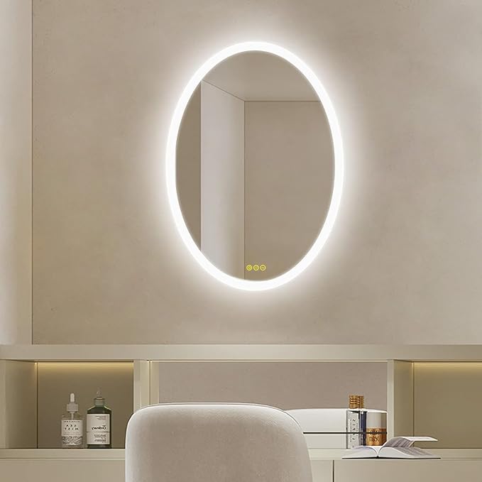 Wall-Mounted LED Oval Bathroom Mirror, Makeup Mirror (28 inches x 20 inches,) 3 Color Stepless Dimmable Memory Bathroom Vanity Mirror with Lights CRI90+ 3000-6400K Smart Mirror with Touch