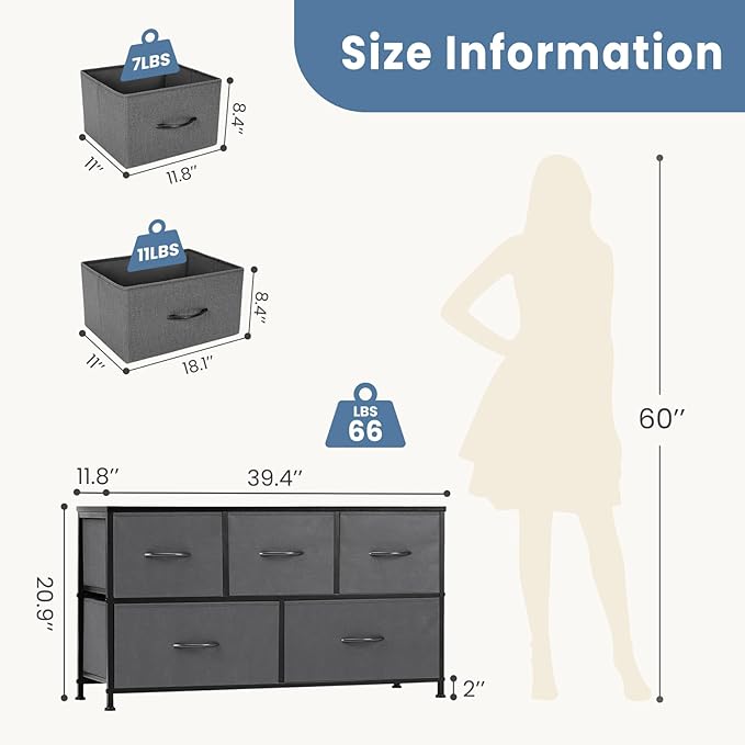 DUMOS Dresser for Bedroom, 5 Storage Drawers, Wide Fabric Closet Chests Organizer Tower Furniture with Wooden Top Metal Frame for Clothes, Guest Room, Living Room, Hallway, Entryway