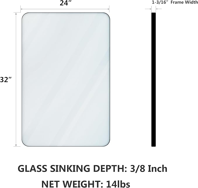 VocalStar Black Bathroom Mirror for Wall, 24 x 32 Inch Rounded Rectangle Metal Framed Bathroom Wall Vanity Mirror Farmhouse, 1/4-inch Shatterproof Glass | Ultra-Flush Hanging