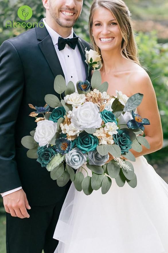 Alecono Artificial Flowers, Silk Flowers with Stems Wedding Flowers Combo Box Set for DIY, Bluish Green Wedding Cake Flowers for St. Patrick's Day Decorations