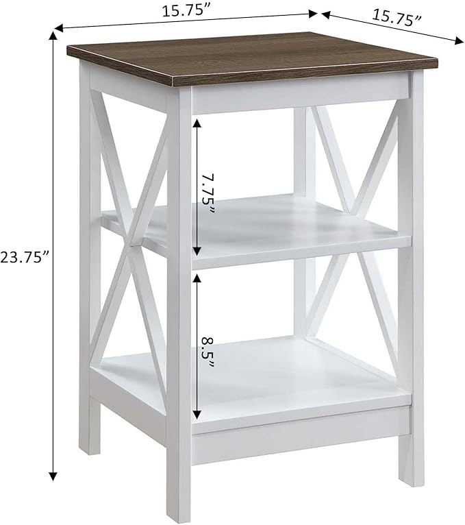 Convenience Concepts Oxford End Table 15.75" - Modern Living Room Table with Storage Shelves, Transitional Nightstand Side Table for Home Decor and Display, Driftwood/White