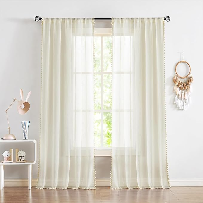 Treatmentex Pom-Pom Polyester Sheer Curtains for Office Outdoor Curtains Bedroom Window Drapes 108 inches Long Rod Pocket Curtain Set for Living Room 2 Pack, Beige