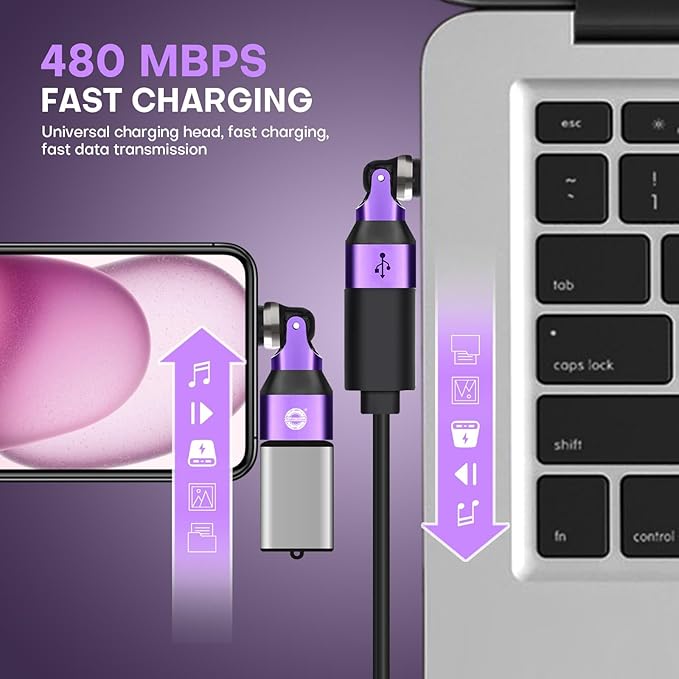 USB Adapter Type C to A 2 Pack 180° & 360° Rotation USB2.0 480Mbps Phone OTG Port Fast Charge Extender with LED Indicator (Purple)