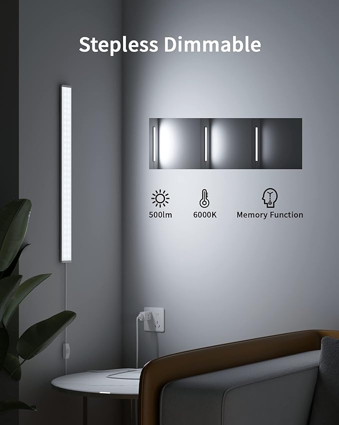 ASOKO Under Cabinet Light, Upgrade 16inch LED Closet Light with Dimmable 6000K Cool White and Memory Function, Plug-in Under Counter Lights for Kitchen/Desk/Shelf/Workbench/Display Case/Room