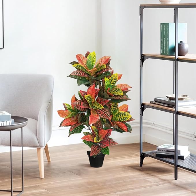Briful 3.4ft Artificial Croton Tree Fall Decor, Faux Croton Tree with Colorful Variegated Leaves and Pot, Indoor & Outdoor Floor Plant, Home Farmhouse Decor