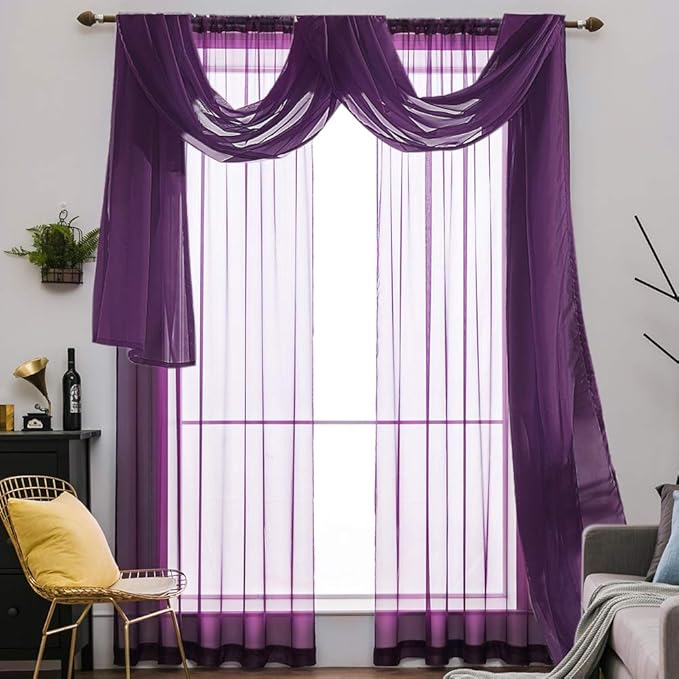 MIULEE Luxury Sheer Voile Elegant Topper Long Window Valance Solid Treatment Swags Drapes for Ceremony Wedding Canopy Bed 54" x 216" Plum Purple