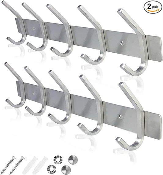 GlazieVault Coat Rack Wall Mount - Stainless Steel (2 Pack) - Heavy Duty Hooks for Hat, Towel, Robes, Jacket, Clothes - Bathroom, Entryway Hanger