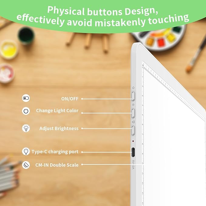 KOBAIBAN A3 Magnetic Light Pad with Bag, Rechargeable Diamond Art Light Board with Side Physical Buttons, 3 Color Light Modes Super Bright Light Table Light Box for Tracing, Drawing, Sketching (White)