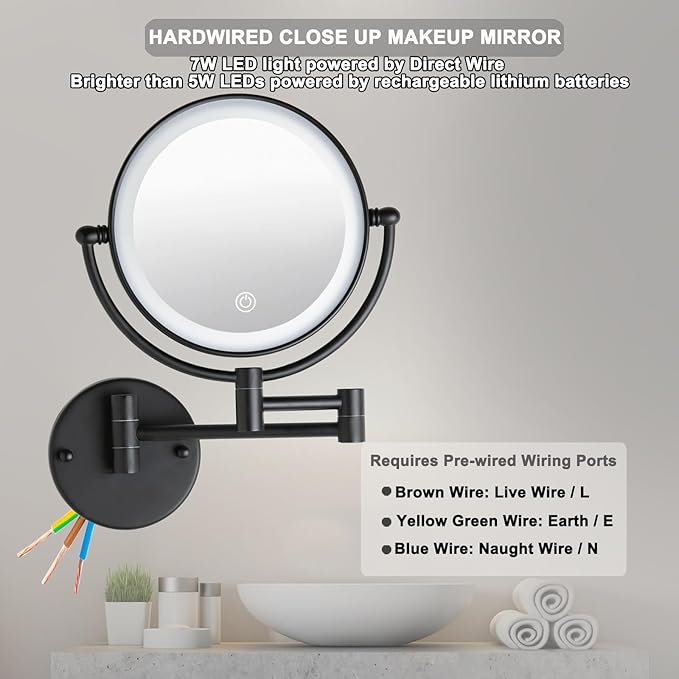 Wall Mounted Makeup Mirror with 3 Color Lights Stepless Dimming, 8" 1X/10X Magnifying LED Two Sided Touch Sensor Extendable Arm 360 Swivel Shaving Light Up Mirror Hardwired for Bathroom, Matte Black