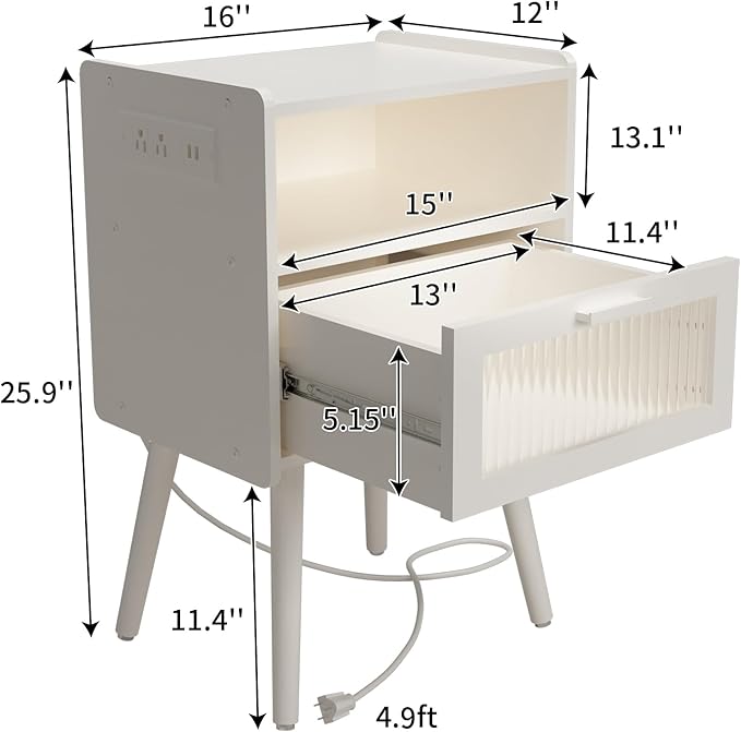 Mid Century Modern Nightstand with Charging Station, Bedside Tables with Glass Drawer, End Table Side Table with 2 Tiers Storage Space, for Bedroom, Living Room, White
