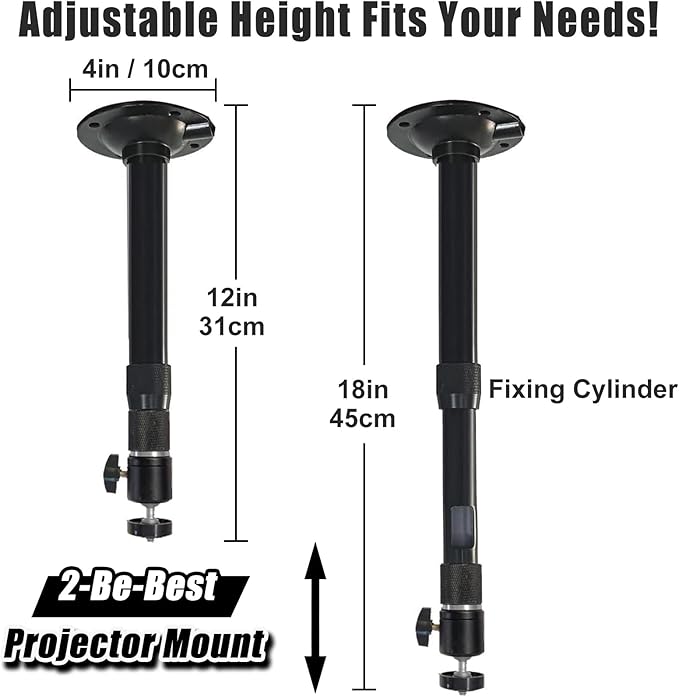 2-Be-Best Projector Ceiling Mount Length 12-18 in / 31-45 cm Projector Mount 360° Rotatable Projectors Holder Adjustable Bracket for Projectors Upgraded Black