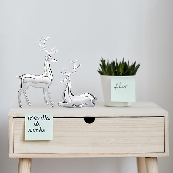 GALEI-2PCS Scandinavian Style Elk Ornament Christmas Resin Sitting and Standing Deer Statue Home Living Room Study Ornaments (Silver, One Size)