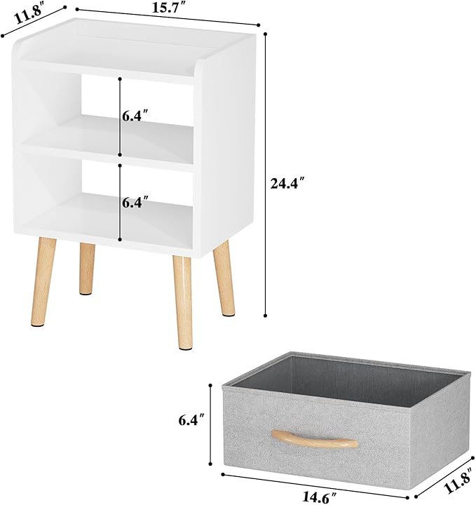 LUCKNOCK White Night Stand with Drawer, Mid Century Modern Bedside Table, Sturdy Wood Nightstand with Open Storage Shelf, Small Bedside Table for Bedroom, Kids Room & Small Spaces.