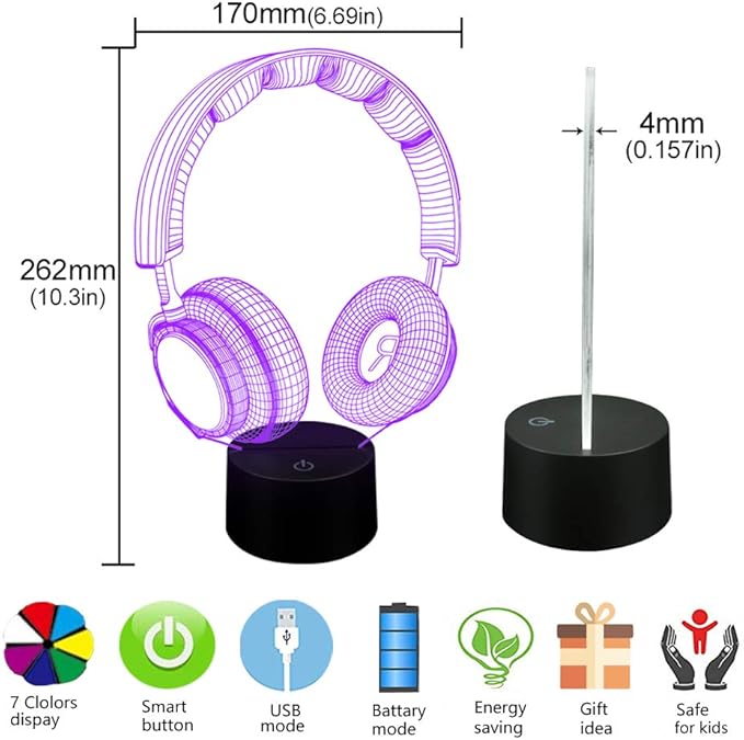 AZIMOM Headphone Headset 3D Illusion Lamp 16Color Night Light,Smart Touch Sensor & Remote Control Bedside Lamps Home Decoration Kids Boys Girls Women Birthday Gifts