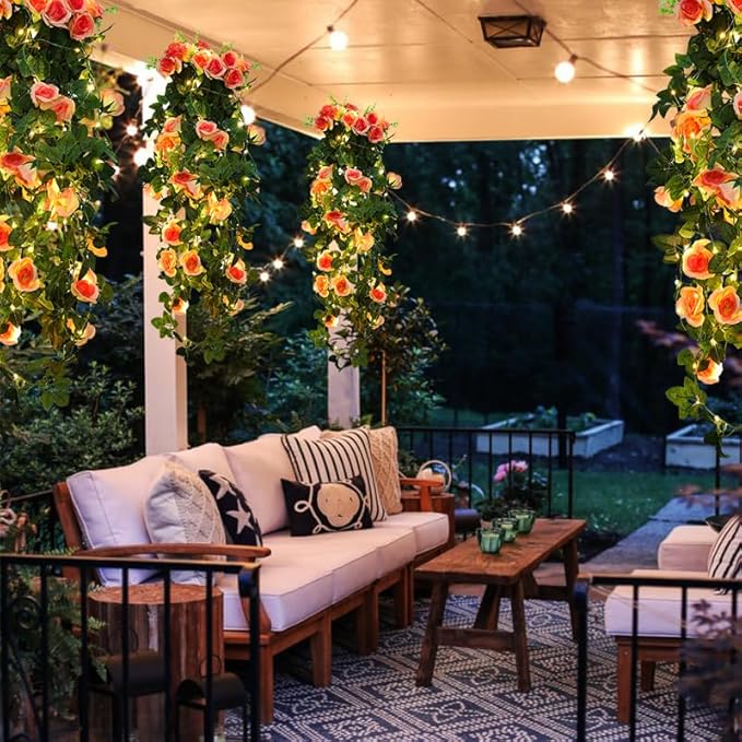 RECUTMS 2pcs Artificial Hanging Plants 32 in Fake Plant Ivy Vine Outdoor UV Resistant Plastic (Champagne)